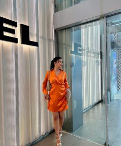 NEER FURRY RUST ORANGE SATIN DRESS
