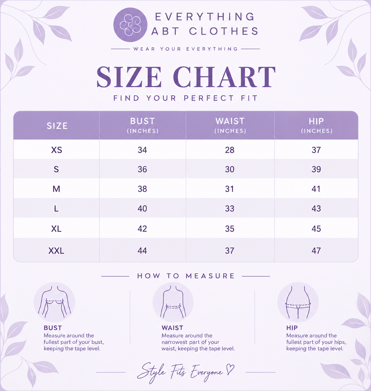 Everything ABT Clothes Size Chart – Bust, Waist and Hip Measurements